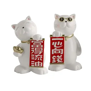 2gab Radošo Laimīgs Kaķis Statuetes Skulptūru Sveķu Statuja Feng Shui Kolekcionējamus Rotājumu Mājas Tabletop Guļamistaba Dekori Grāmatu plaukts