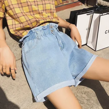 Vintage korejas Modes Vasaras Plaša Kāju Vaļīgas Bikses Harajuku Augstas Elastīga Vidukļa Džinsus vai vienkrāsainu Visu maču Džinsa Šorti Ikdienas