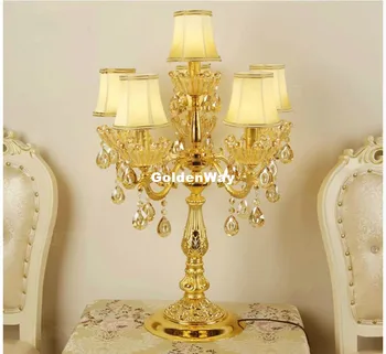 Zelta Sakausējuma D47cm H75cm 6Lights Zelta luksusa LED AC kristāla galda lampas Eiropas stila guļamistabas gultas apgaismes armatūru MAIŅSTRĀVAS Lampas