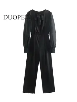 DUOPERI Sieviešu Modes Cietā Jumpsuits Ar Loku Vintage Acs Bubble Sleeve Atpakaļ Rāvējslēdzēju O-veida Kakla Sieviešu Šiks Tērpiem