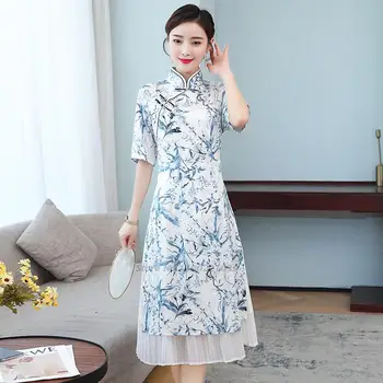 2022. gadam, ķīniešu tradicionālās qipao vintage ziedu drukāt šifona cheongsam kleita valsts tēja pakalpojumu uzlabošana kleita austrumu qipao