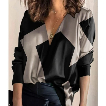 Sieviešu Blūze Topi Rudens Modes Ģeometrijas Modelis Drukāt Džemperis, Krekls Sieviešu Ikdienas garām Piedurknēm V-veida kakla Zaudēt Nelegālo Blūze