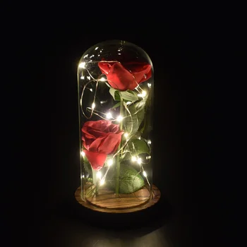 Karsta Skaistums Un Zvērs, Sarkans Rožu Dubultā Mākslīgie Ziedi Rožu Stikla Kupola Koka Pamatni Valentīna Diena Ziemassvētku Dāvanu