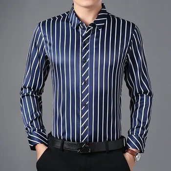 Vīriešu Biroja Zīda Krekls Augstākās Kvalitātes Mīksta Zīda Drēbes ar garām Piedurknēm Vīriešu Svītraina Kleita Krekli