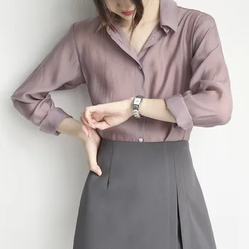 Pavasaris ir 2021. jaunu dūmu violeta sieviešu krekls plānas dizains sajūtu top sieviešu, sieviešu garām piedurknēm šifona tops violetā augšu